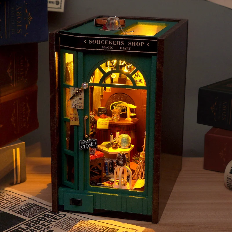 Diy livro nook kit estatuetas de madeira em miniatura casa boneca kit 3d puzzle montagem estante inserção decoração brinquedos para presentes natal