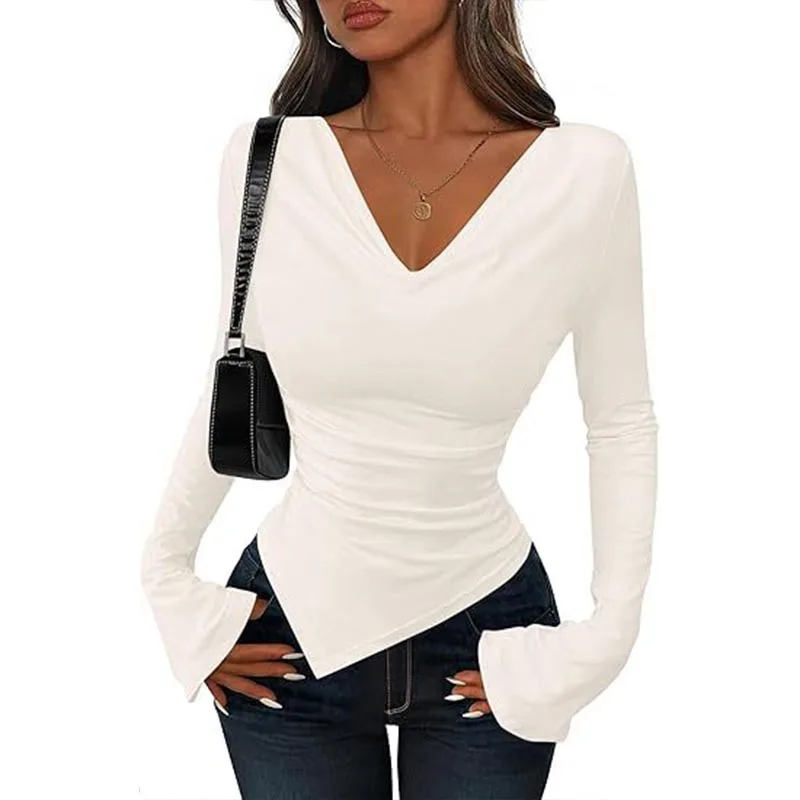 الملابس النسائية شيك عدم التماثل مثير كم طويل تي شيرت ربيع الخريف موضة سليم الصلبة بلوزات على شكل حرف v سيدة عادية Y2k البلوفرات #4