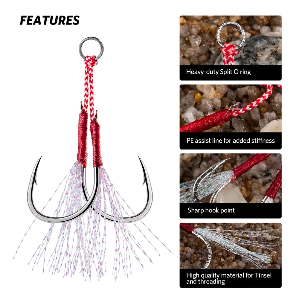 

Goture 5pcs Double Assist Hooks Kit Glow in Dark Jigging Hook for Slow Fast Fall Vertical Jigging Lures Saltwater Fishing Tackle