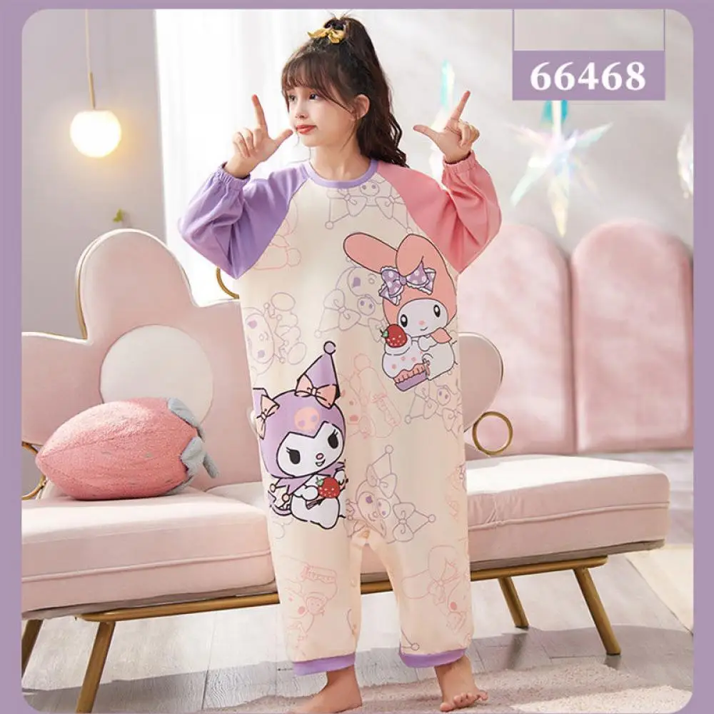 New Spring Parent-Child Children Pajamas Kuromi My Melody Cinnamoroll Sanrio Cute Cotton Long-Sleeved Sleeping Bag Home Jumpsuit