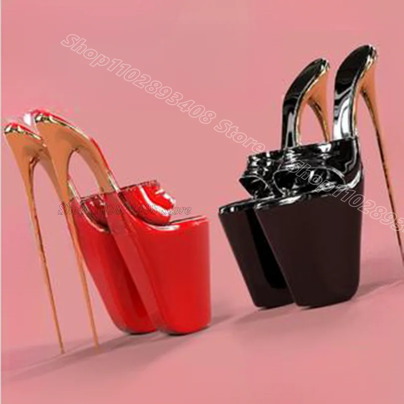 Zwart Platform Stiletto Sexy Slippers Lakleer Open Teen Britse Stijl Mode Zomer Feest Vrouwen Schoenen Zapatos Para Mujere