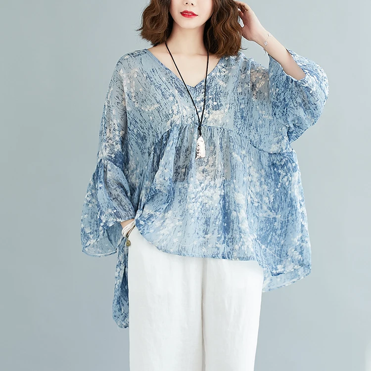 เสื้อยืดผู้หญิงไซส์ใหญ่ คอวี พิมพ์ลาย หลวม ปิดหน้าท้อง ผ้าฝ้ายผสมโพลีเอสเตอร์ แฟชั่นฤดูร้อน สวมใส่สบายๆ