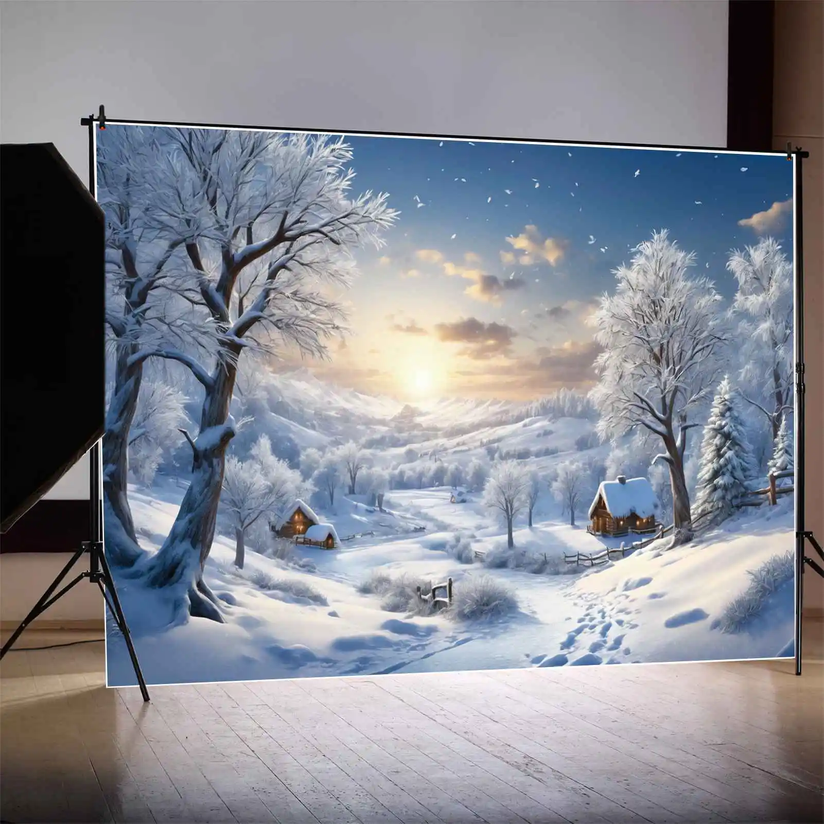 MOON.QG Backdrop Christmas Snow Winter Village Background Photography Decoration Mountain Forest Home Photozone Shooting Props