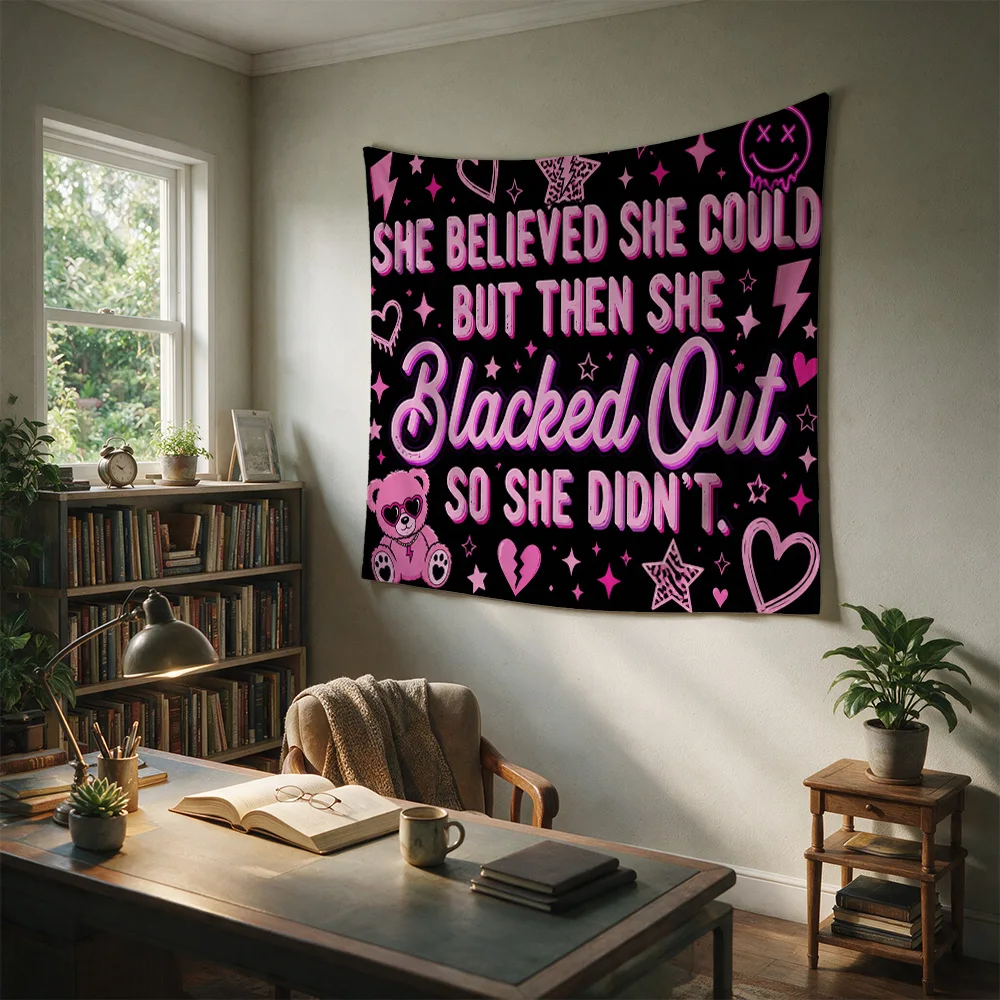 Funny Girl Power Aesthetic Tapestry Boho Wall Hanging Pink Stars Blackout Quote Decor for Bedroom Living Room