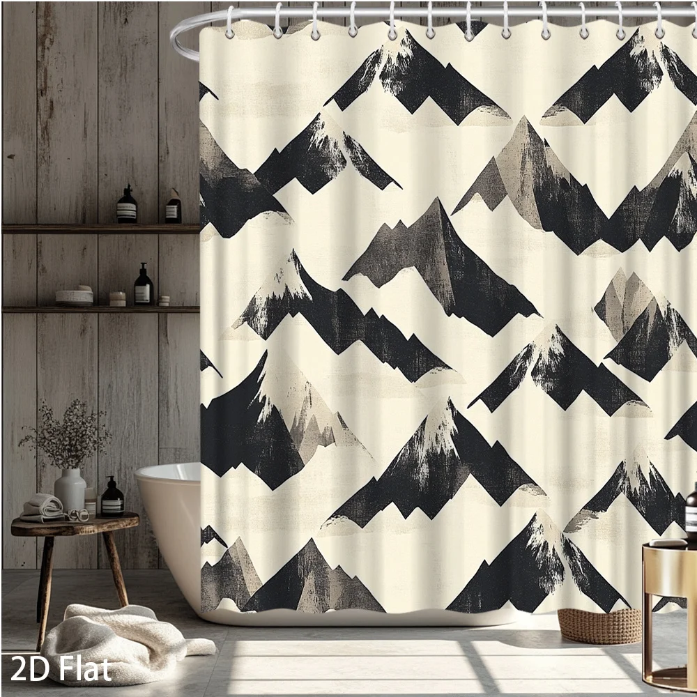 Mountain Range Shower Curtain – Brushstroke Texture in Black, Gray  Off-White, 2D Flat Print, Fade-Resistant Polyester, 12 Hooks