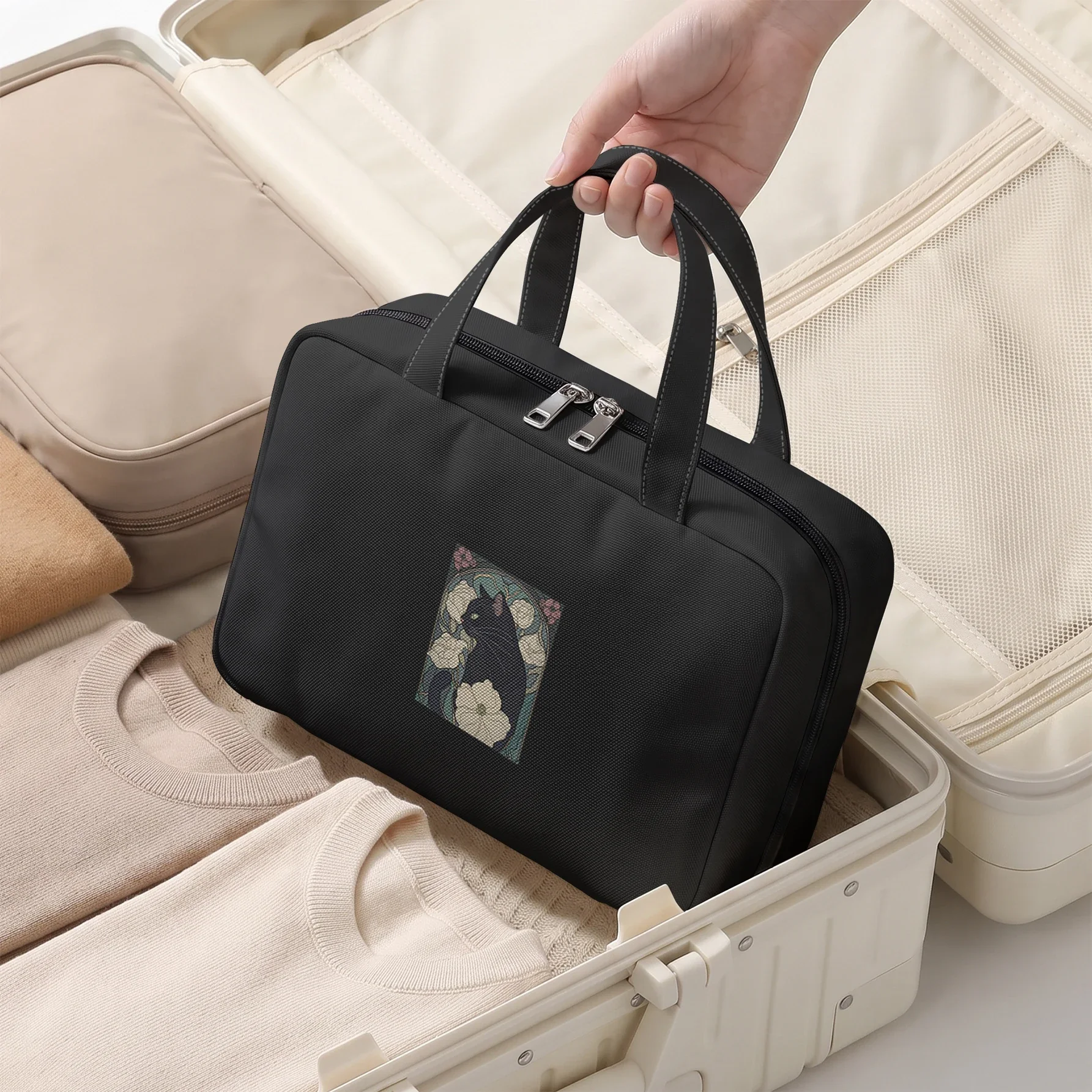 Black Cat Floral Print Hanging Cosmetic Bag Foldable Multi Pocket Toiletry Bag For Travel Daily Use