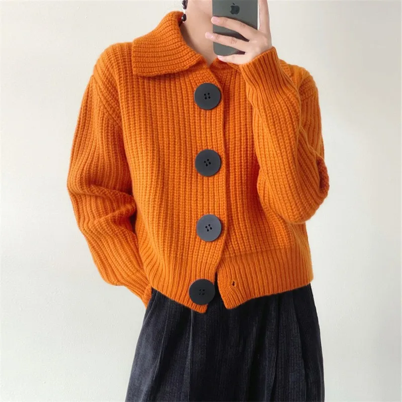 

Large-button Knitted Jacket Women's Fashion Retro Lapel Cardigan Sweater Women's Autumn and Winter Loose and Lazy Style