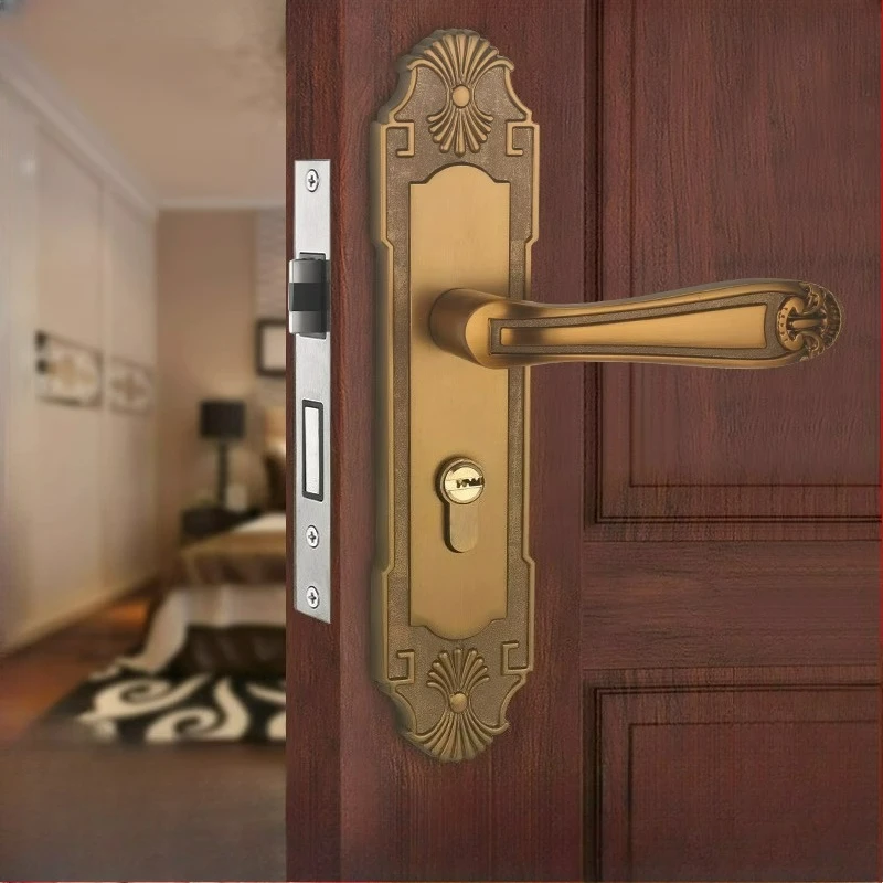 New Chinese Style Solid Wood Door Lock for Indoor Bedrooms, Magnetic/silent Brass Handle Lock for Household Doors