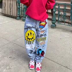 Fashion Heart Print Denim Cut Out Distressed Jeans for Women Baddie Clothes Streetwear High Waist Baggy Pants Blue Y2k Harajuku