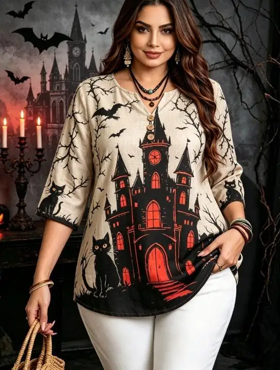Plus Size Halloween Printed Blouse Cotton Blend Notch V Neck 3/4 Sleeve  Button Casual Tops