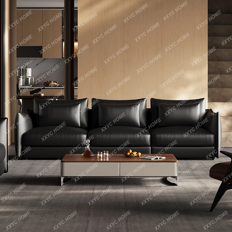 AAItalian Minimalist Sofa Living Room Straight Row First Layer Cowhide Light Luxury Three-person Black Jungle Sofa