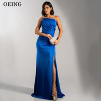 OEING Simple Royal Blue Mermaid Prom Dress Silky Strapless Sleeveless Pleats Party Gowns Floor Length Evening Dress Customized