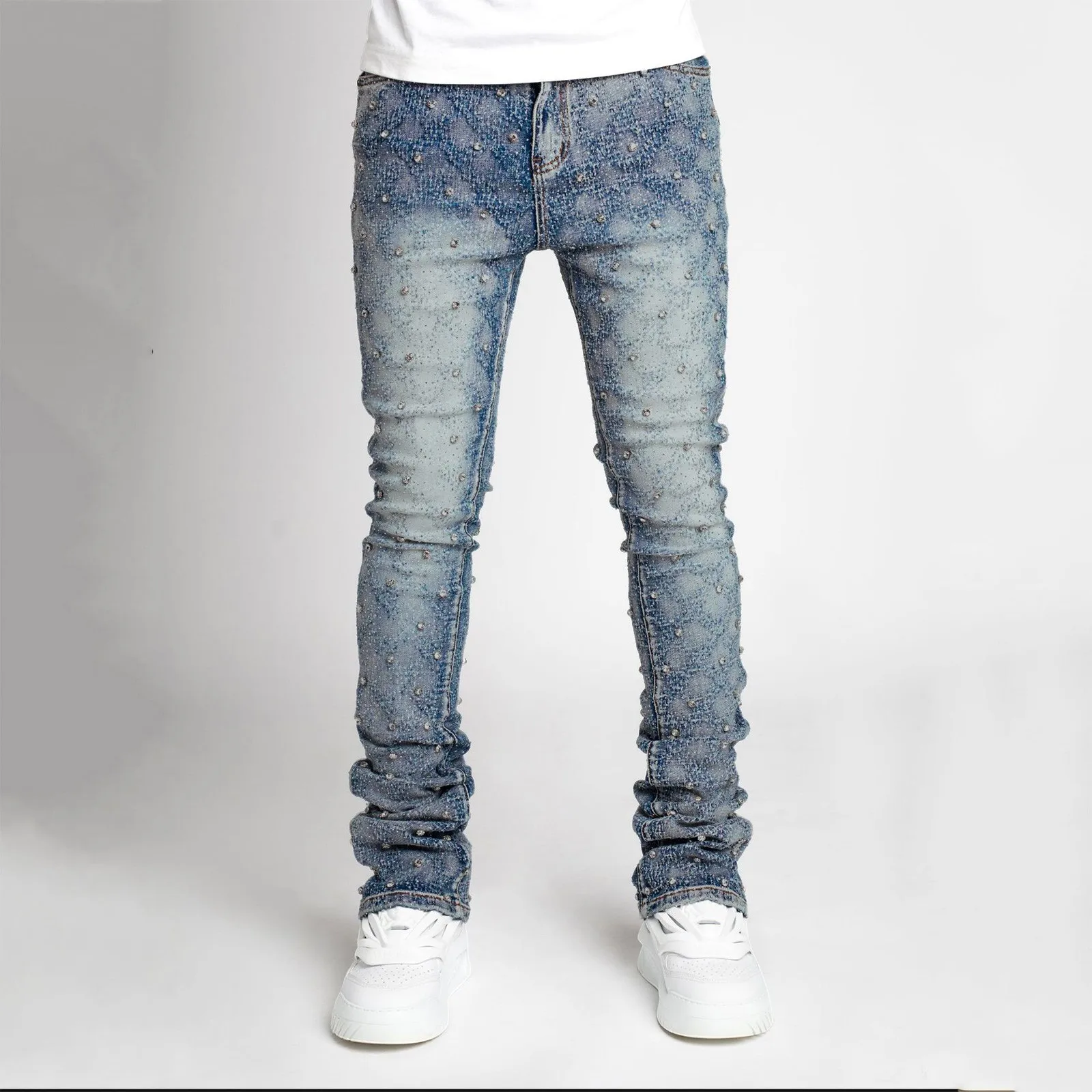 Male Denim Personality Zircon Straight Leg Stretch Stacked Jeans Glitter Foam Star