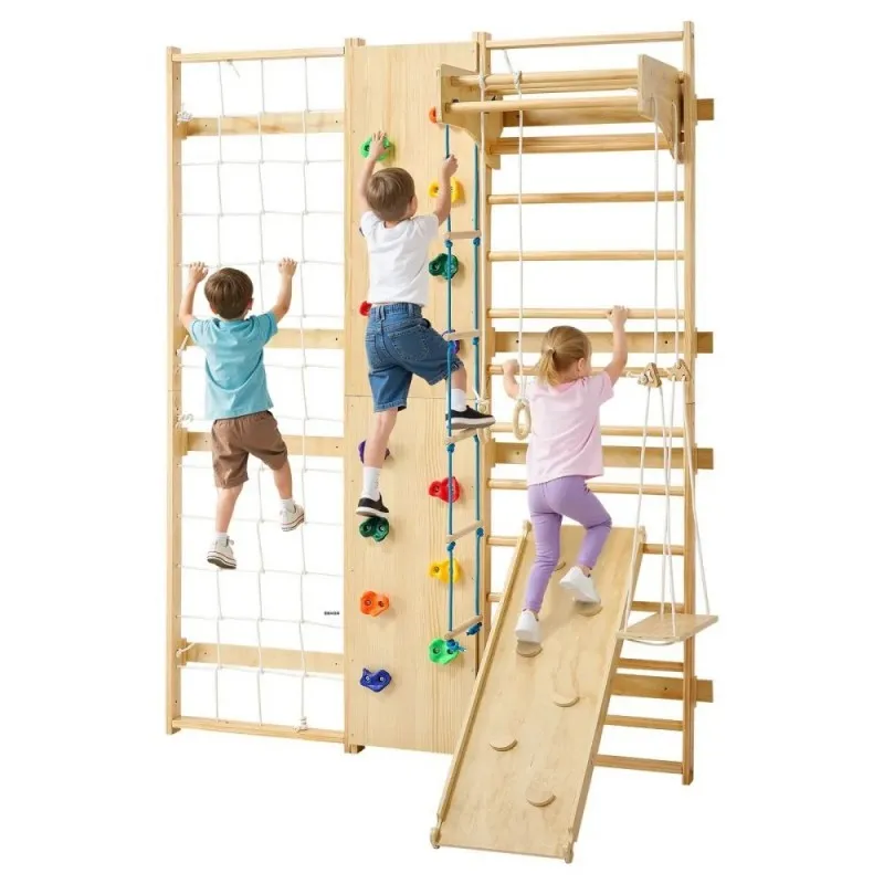 

Factory Wholesale 9 in 1 Wall Game Customized Indoor Play Gym Wood Climbing Frame Gym Set Xiaowoniu