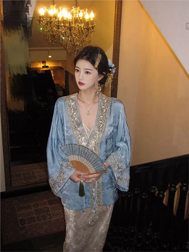 New Chinese-style silk jacquard heavy industry beaded embroidery coat women's top set