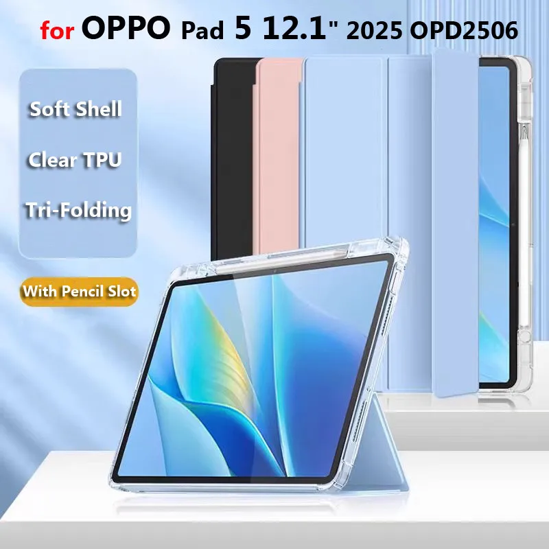

Чехол для OPPO Pad 5 12,1 дюйма 2025 OPD2506, тройная подставка Smart Sleep/WakeUP, матовый прозрачный противоударный чехол из ТПУ с подставкой для планшета