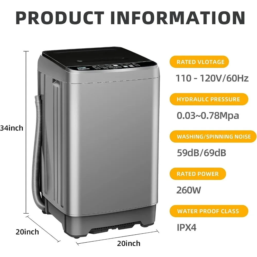 Lavadora totalmente automática, lavadora compacta 2 en 1 con 10 programas de lavado, 4 modos de nivel de agua y 8 selecciones de nivel de agua