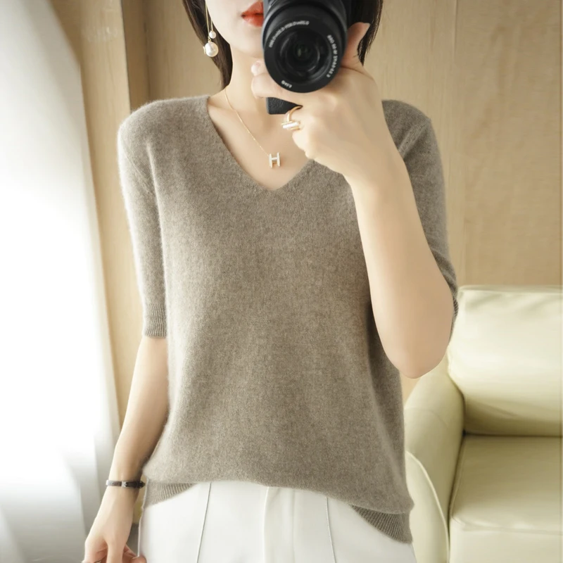 Women New Spring Summer Short-sleeved Tees V-neck Slim Cotton Blend Pullover Vest T-shirt Knitted Base Casual Knit Tops