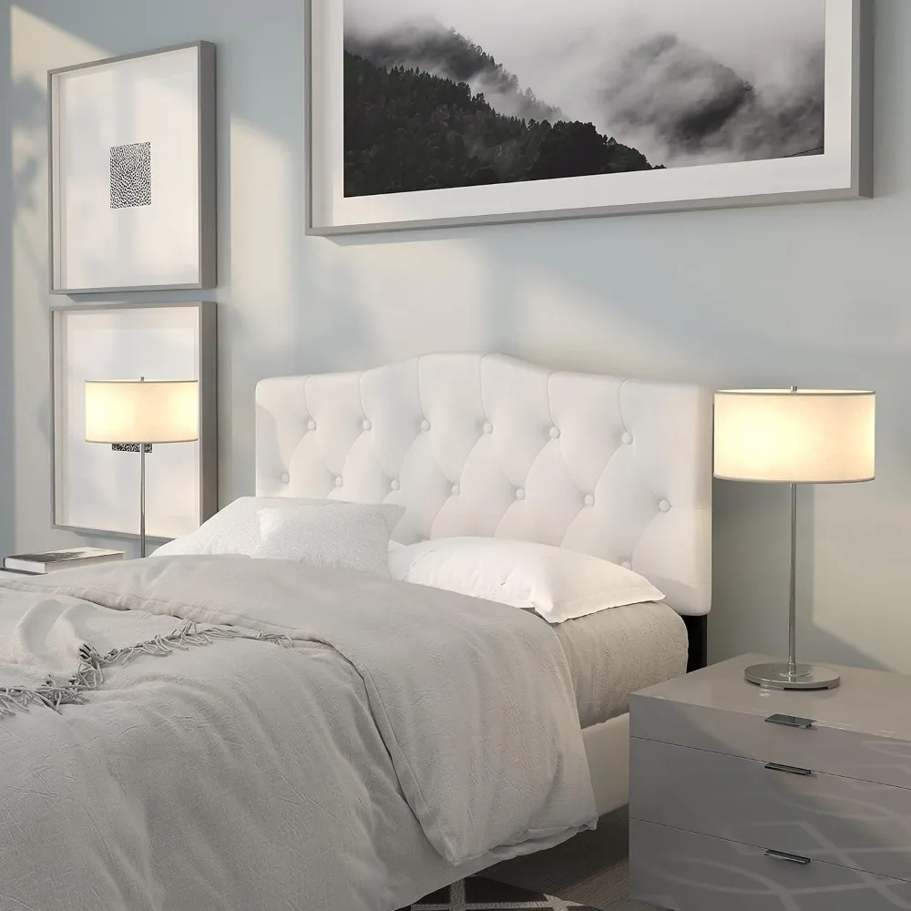 

Tufted Upholstered Full Size Headboard in White Fabric Contemporary Style Headboard Black Metal Stands