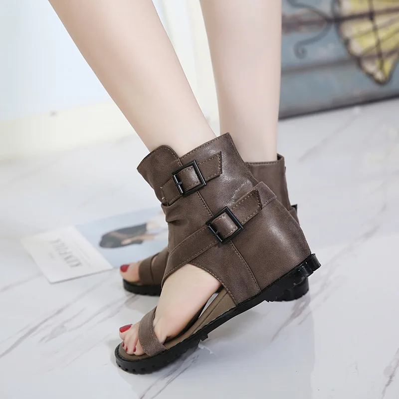 Vintage Cover Heels Wedges Womens Sandals Summer Open Toe Buckle Belts Side Zipper Hide Mid Heels High-Top Cool Boots Sandalias