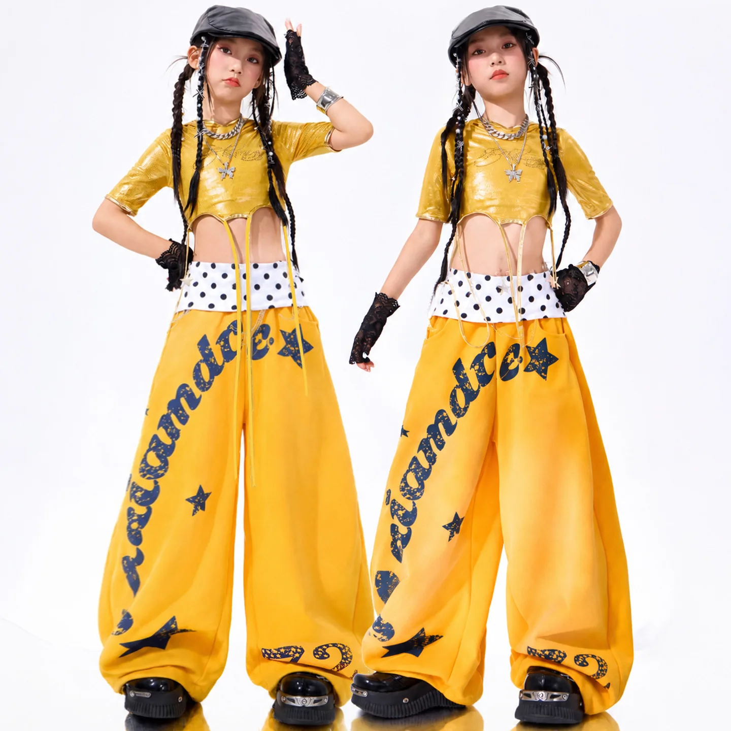 Girls K-pop Yellow Crop Hoodies Loose Pants Children Hip Hop Girl Group Street Dance Clothes Sets Kids Streetwear Jazz Costumes