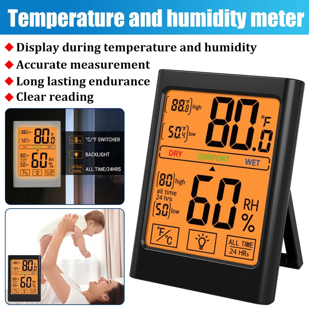 Household Temperature Humidity Meter 24H Max Min Record Touch Screen With Backlight Magnet/Hanging/Standing -20℃-70℃ 10-99%Rh