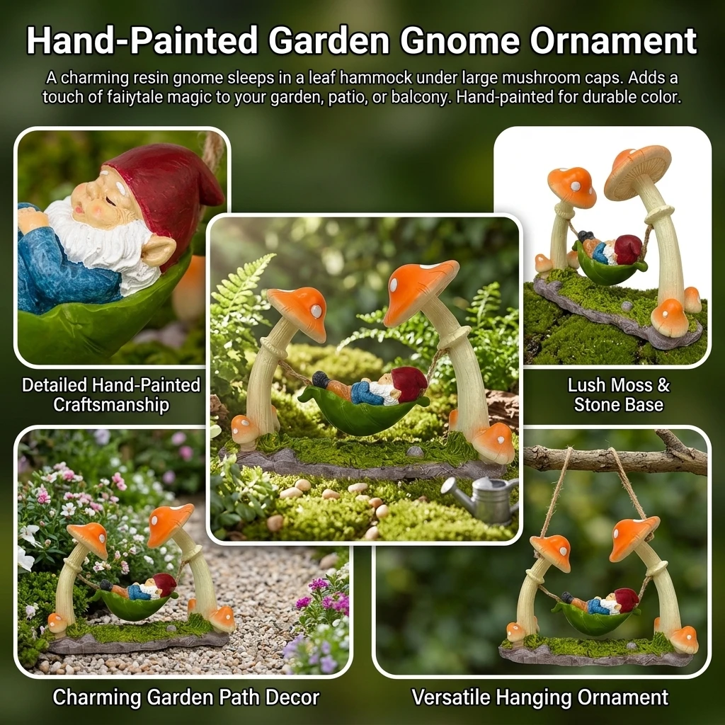 1pc Mushroom Gnome Statue Hand Painted Resin Fairy Garden Ornament for Patio Yard Decor Weather Resistant Hanging Sculpture