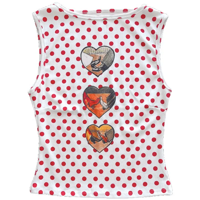 Retro Vest White Background Red Polka Dot Love Print Sleeveless Slim Fit for American and French Women