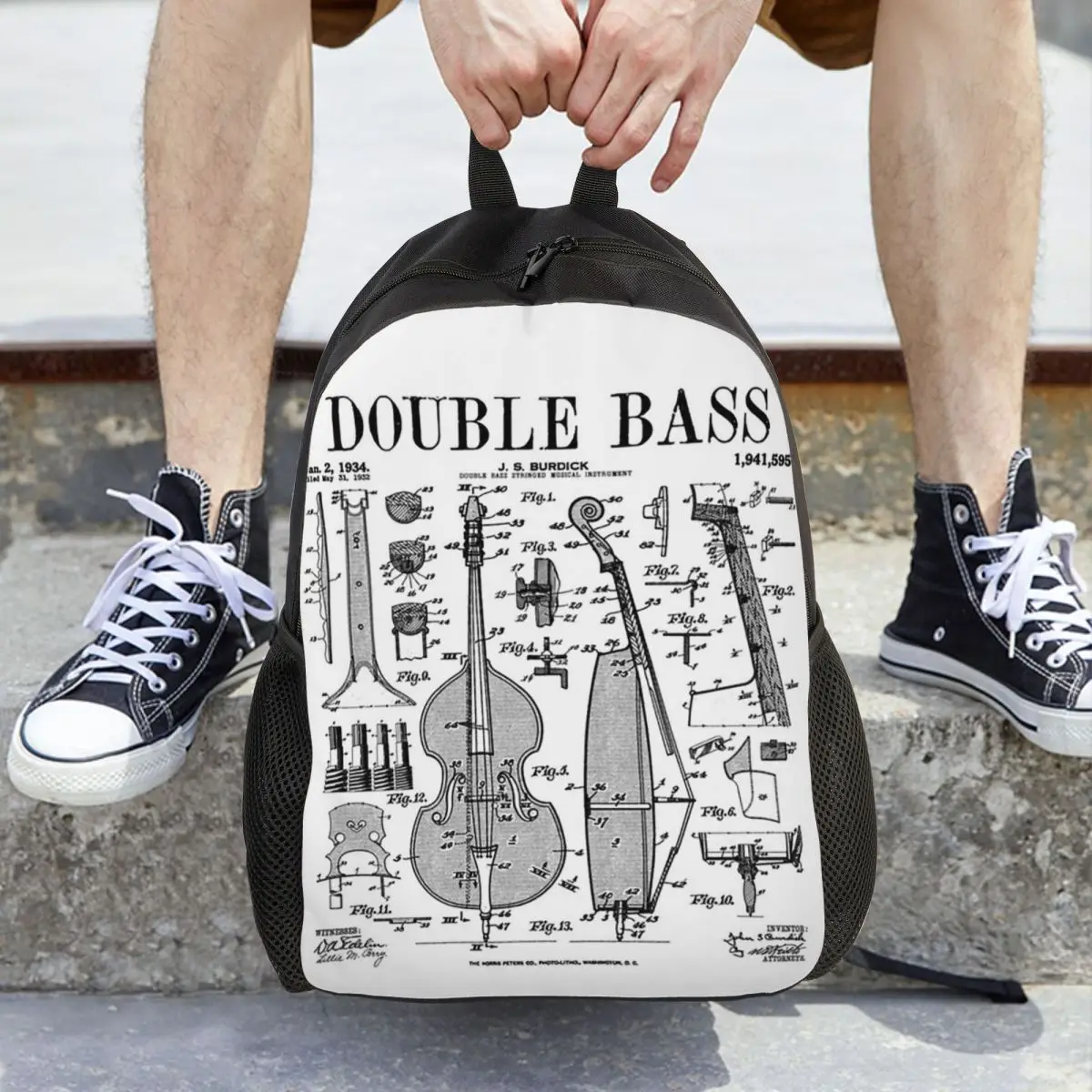 Double Bass Player Bassist Musical Instrument Vintage Patent Backpack Daypack BookBag School Bag Shoulder Bags for Men Women