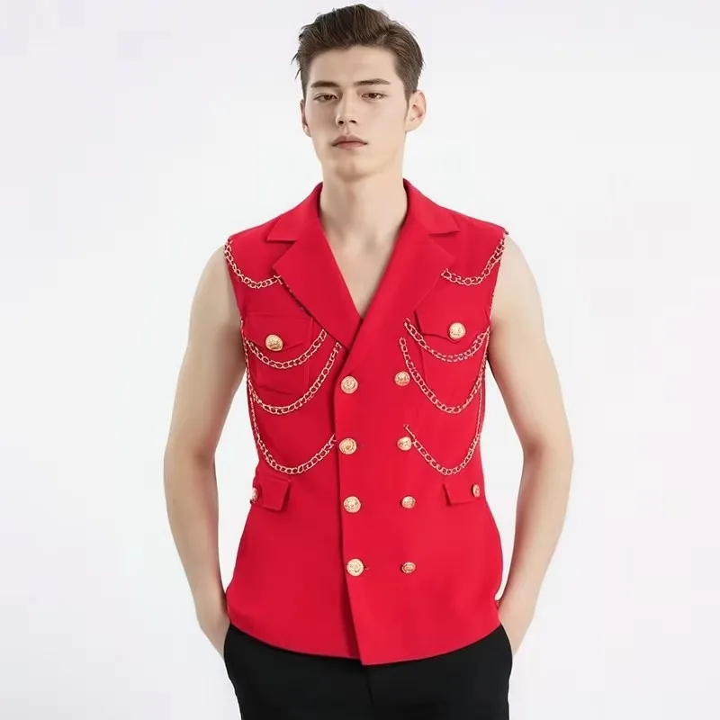 

Men's Slim Fit Double-breasted Metal Chain Waistcoat Red Black Punk Style Rock Singer Stage Performance Vest Dancer Nightclub
