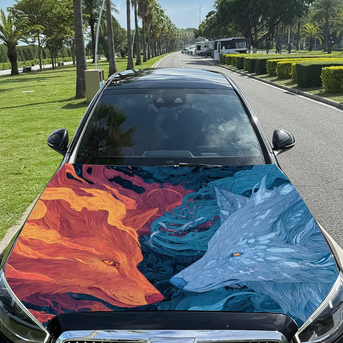 

Car Decals A Wolf With Fiery And Icy Contrast Charm In A Color - Clash Art Scene Car Hood Sticker, Waterproof Self - Adhesive Vi
