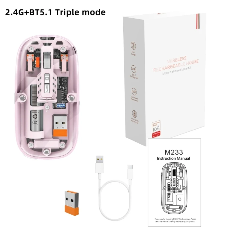 M233 무선 클리어 마우스 충전식, 사무실 및 게임용 Type-C 충전 포트