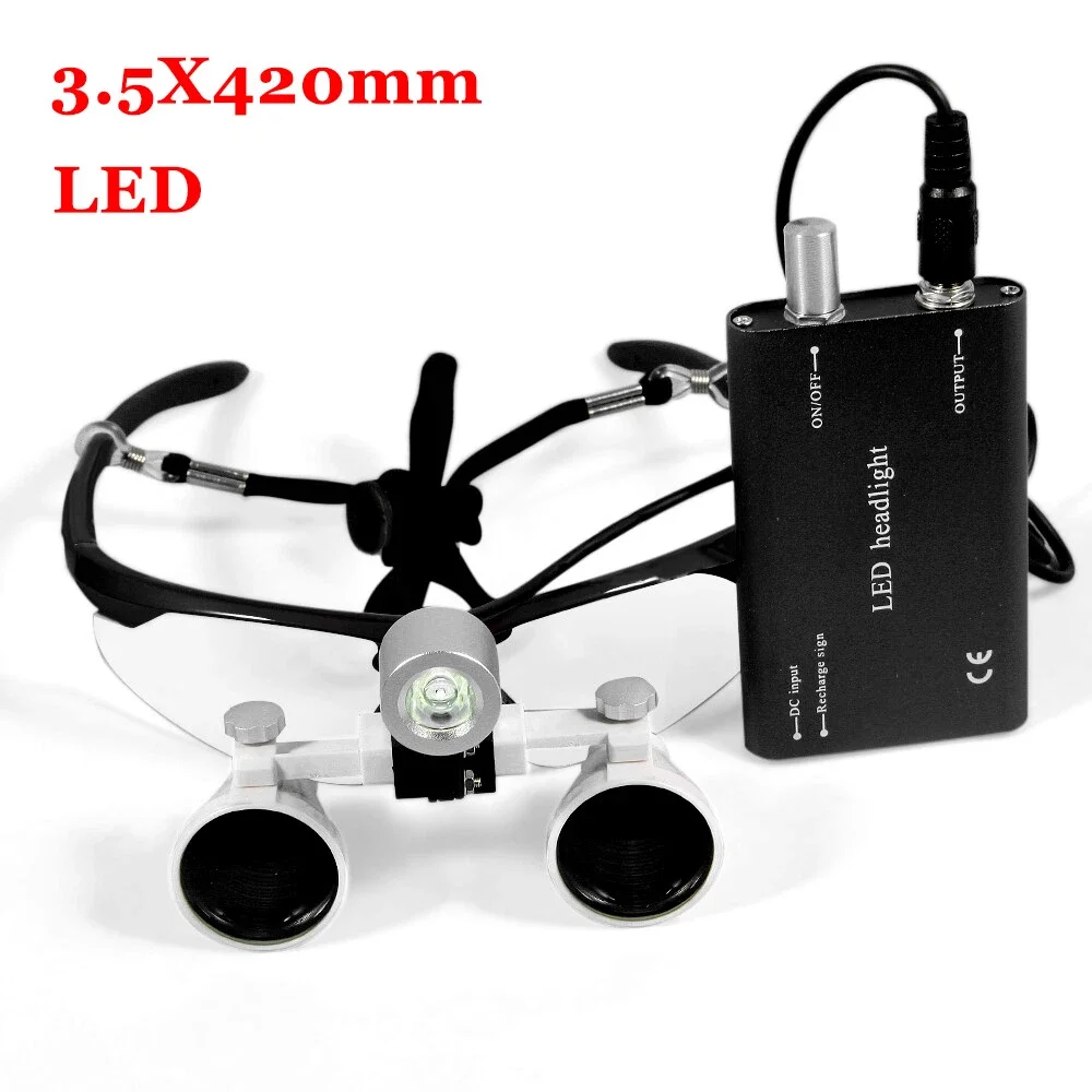 

New Dental Binocular Loupes 3.5X 420mm Optical Glass + LED Head Light Lamp Black Color