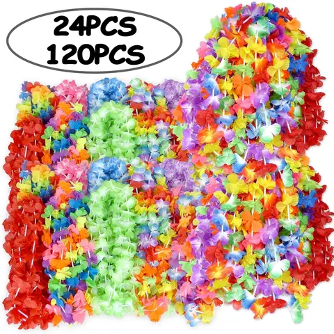 24/120pcs 하와이 인공 꽃 화환 목걸이 하와이 테마 파티 화환 여름 해변 웨딩 생일 파티 장식