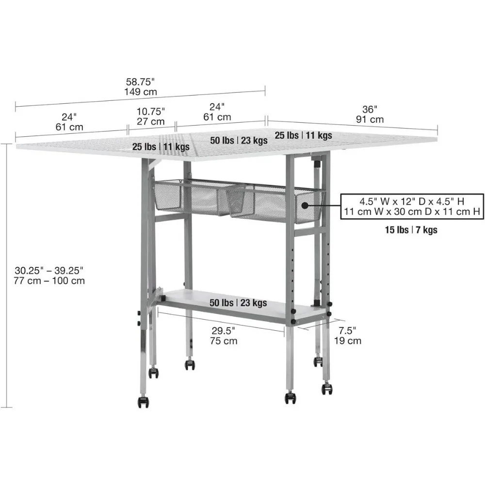 Branco Artes e Ofícios Mesa com Grade Top, Prata Armazenamento Gavetas, Por e Corte Grade, 58,75 "W x 36,5" D, Bby