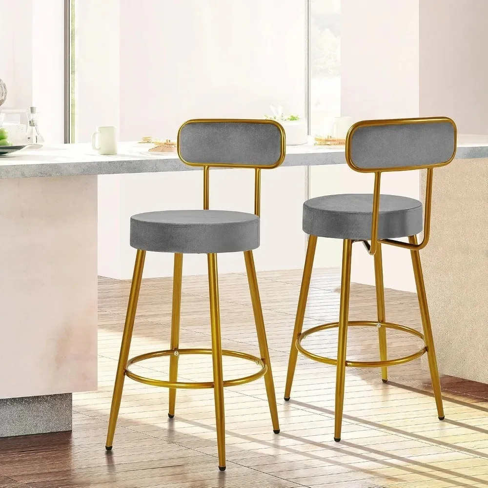 

26'' Velvet Bar Stools Counter Height for Kitchen Counter with Backrest and Footrest Modern Gold Barstools Upholstered Bar Heig