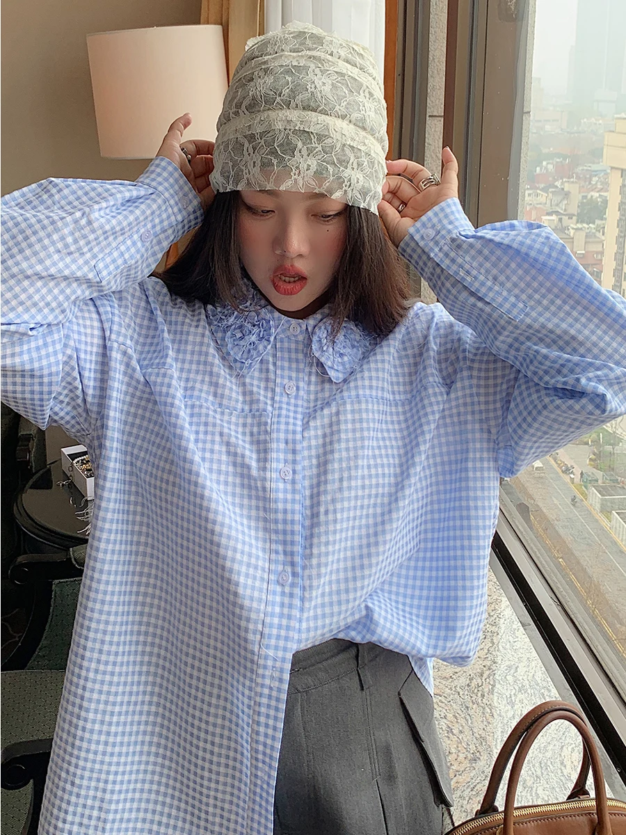 

Синяя женская рубашка с цветочным 3D-принтом, французский стиль, в клетку, больших размеров, модная, молодежная, прямого кроя, с длинными рукавами, на пуговицах