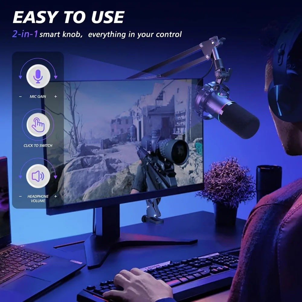 Dynamic Microphone Kit for Streaming, Podcasting, and Recording with RGB Effects, Mute, Gain Control, and Boom Arm Support - view 5