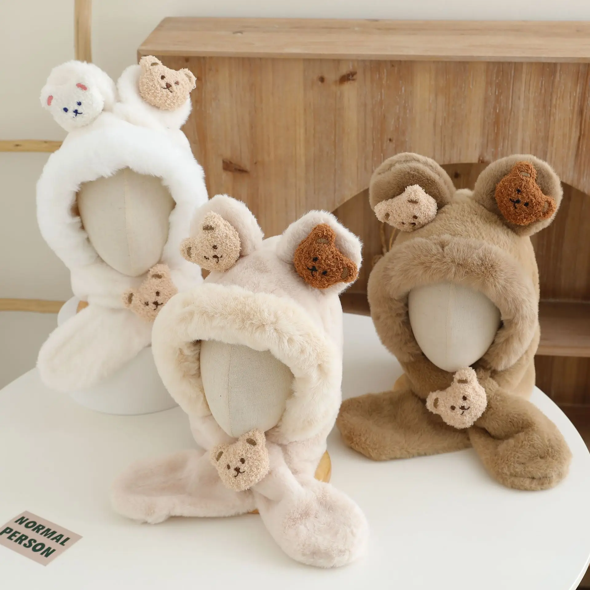 Winter Baby Plush Hat Scarf Set Cartoon Bear Beanies Warm Velvet Infant Neckerchief 6-24Month Kids Ear Protection Pullover Cap