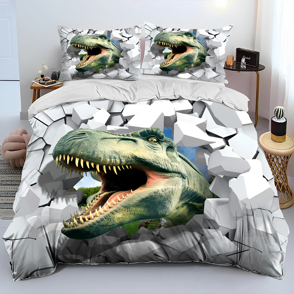 3D Illusion Dinosaur Cartoon Comforter Bedding Set,Duvet Cover Bed Set Quilt Cover Pillowcase,King Queen Size Bedding Set Child