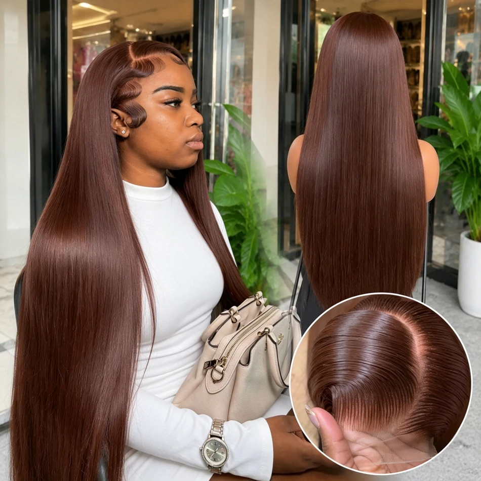 Perruque Lace Frontale 28 Pouces Brun Chocolat Cheveux Humains Pré-Pluckée 13x4 HD Lace Frontal Wigs Cheveux Humains 4 #   Perruques brunes en cheveux humains, densité 190%