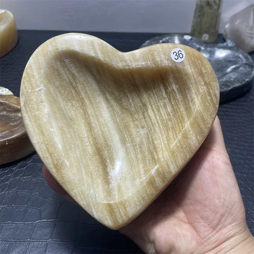 Natural Honey Calcite Heart shape Bowl Ashtray Hand Carved Crystal Stone Home Decor Healing Energy Gift