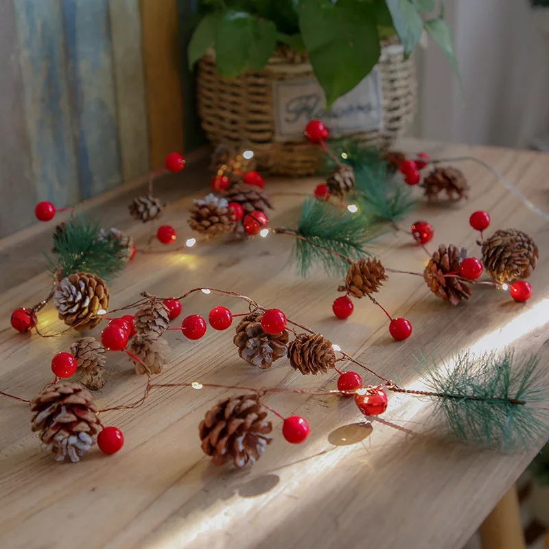 2M Christmas LED String Lights, Copper Wire Lamp with Red Berries Pine Cones Bells,Holiday Wedding Decor for Christmas Tree Home