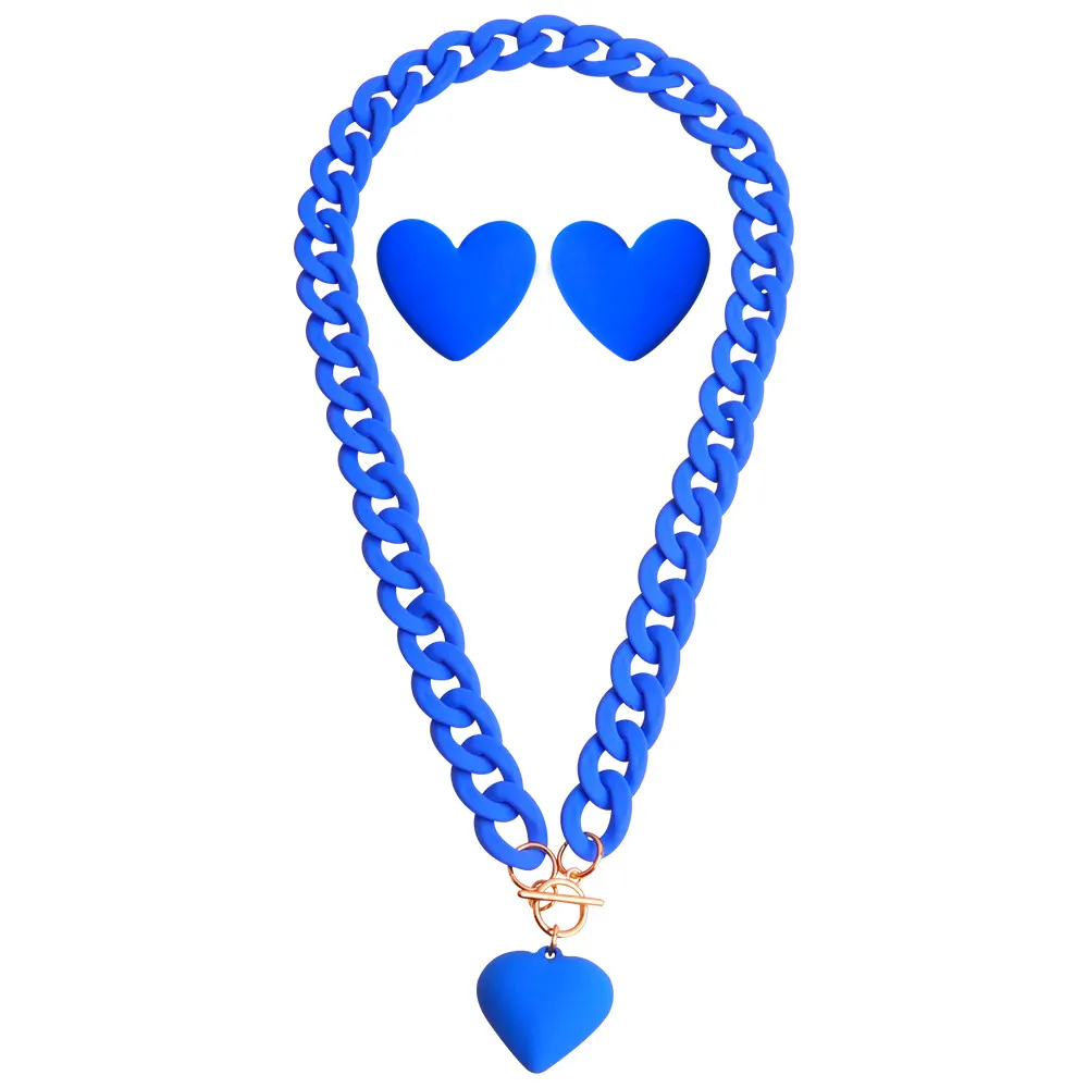 FishSheep Trendy Matte Acrylic Chain Heart Pendant Necklace Earrings For Women Korean Love Choker Necklace Set Fashion Jewelry