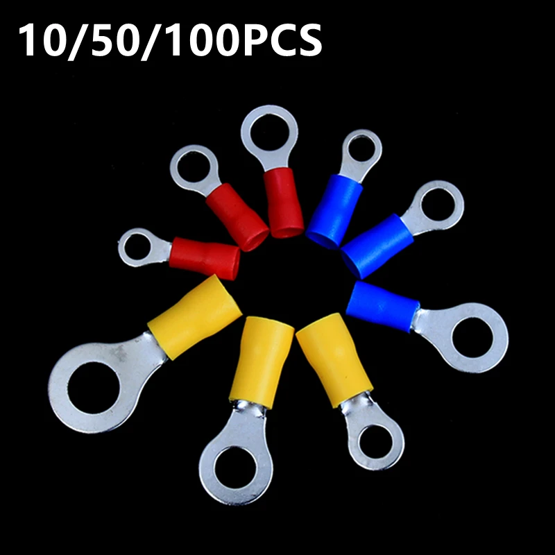 10/50/100PCS Conectores de Fio Elétrico de Crimpagem Tipo Anel RV1.25 RV2 RV5, Terminais de Fiação Isolados para Crimpagem 22-10AWG Vermelho Azul Amarelo