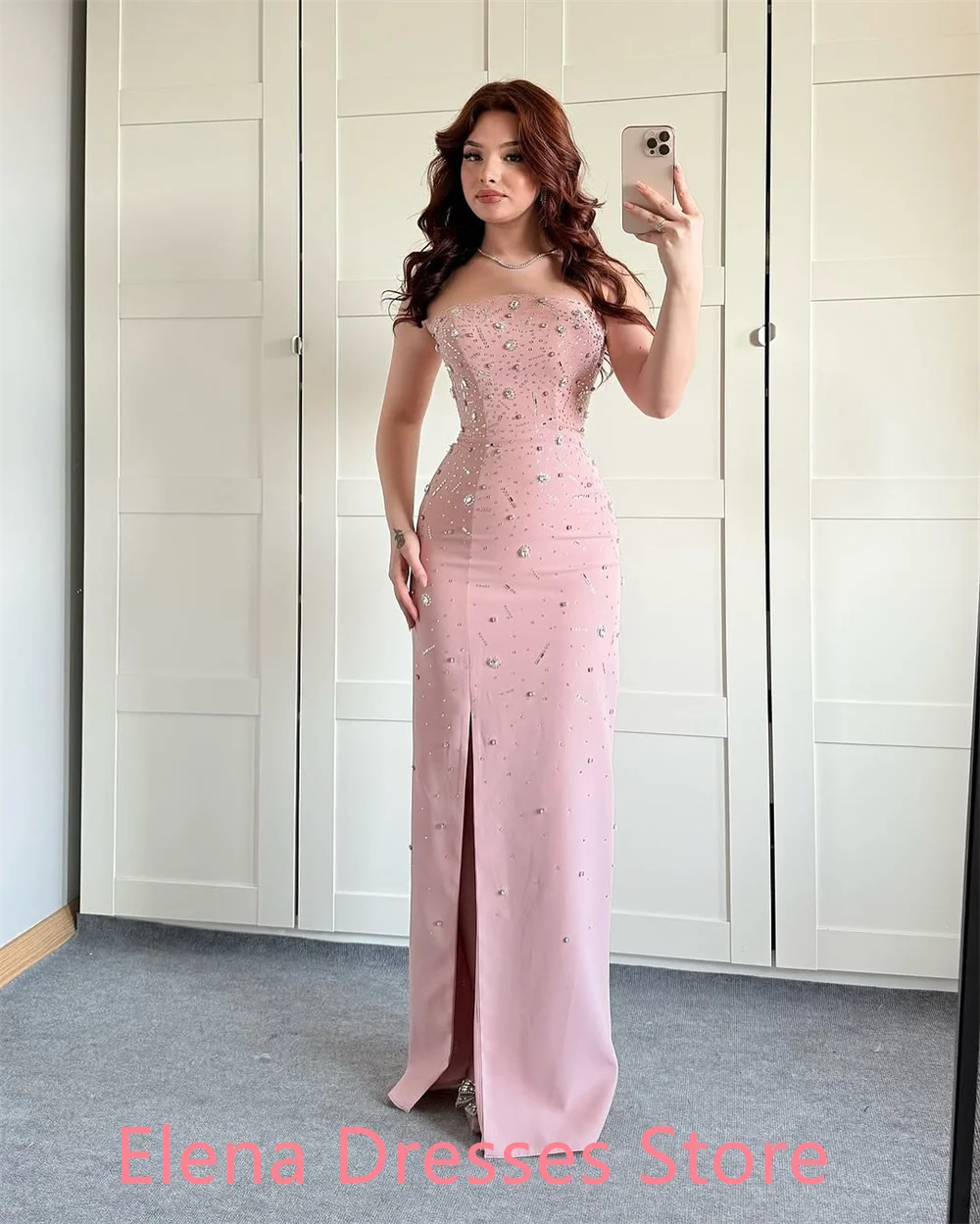 Vestido de fiesta de Jersey rosa elegante/gragico personalizado, vestido clásico sin tirantes de cristal con gradas, vestido de sirena con cremallera en la espalda
