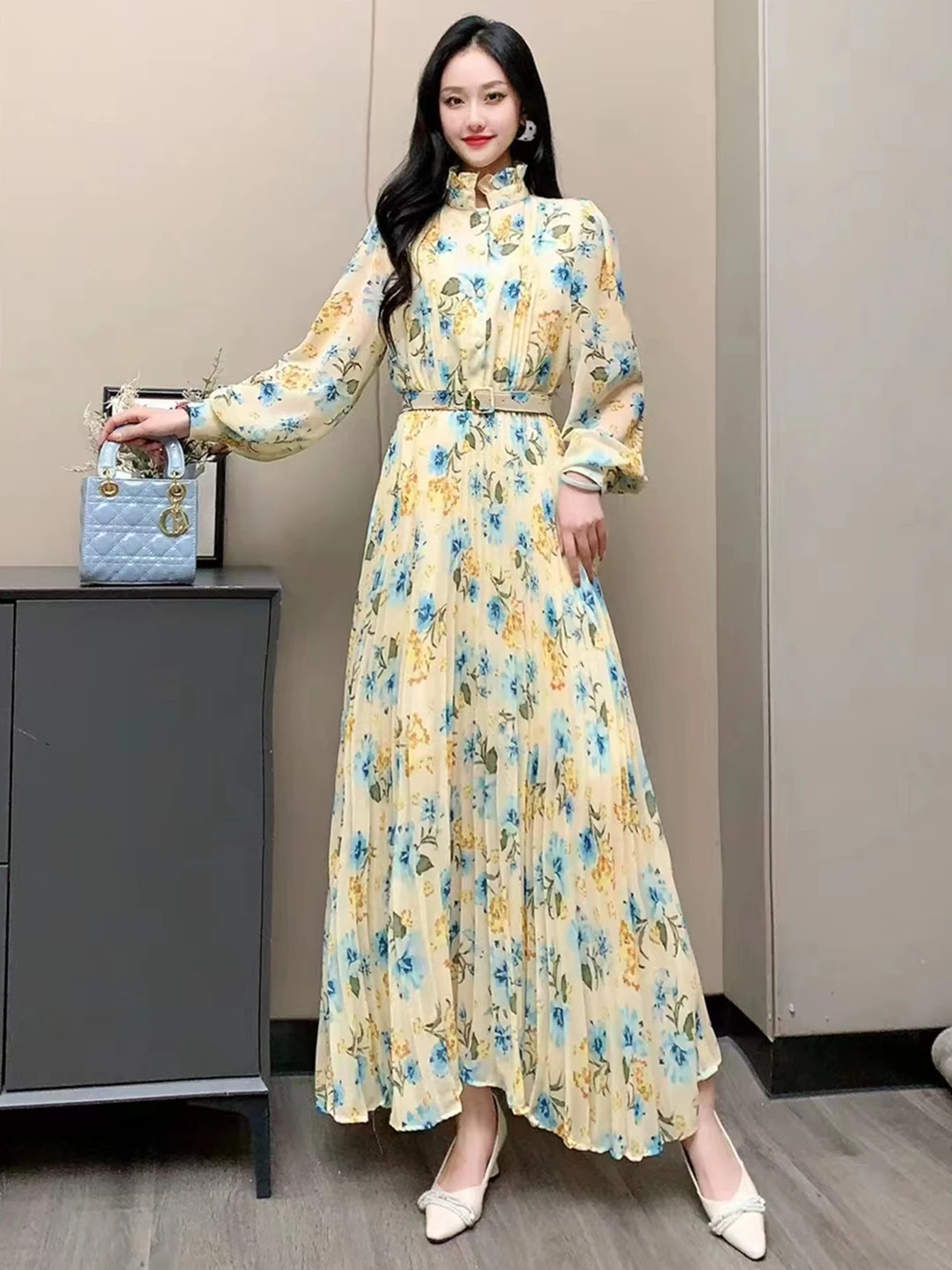 2024 New Spring Autumn Women Ruffled Collar Long Sleeve Belt Slim Long Dress Sweet Pleated Big Hem Chiffon Floral Dress