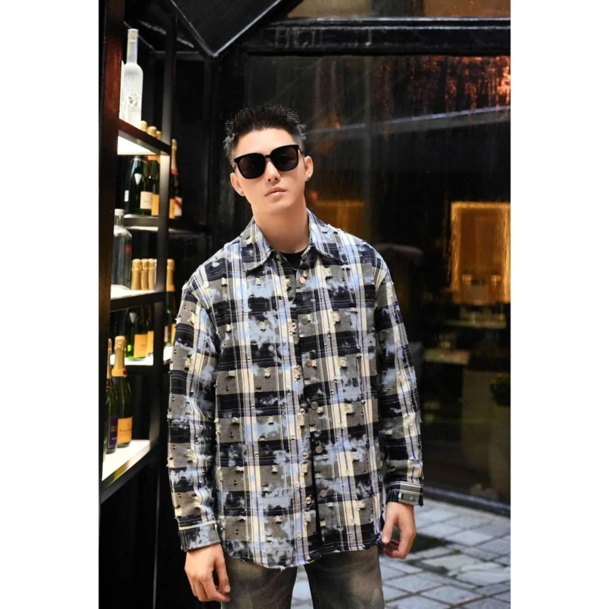 

Men's Plaid Long Sve irt Jaet adient Color Blo Casual Top Faionable Hole Design Stand Fit Polyester Spring