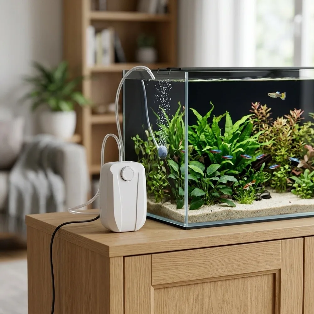 静音8w水槽用エアポンプ、220v、デュアルアウトレット、70l～700lの水槽に対応、2～4l-分の風量、サイズ：15x10x10cm。