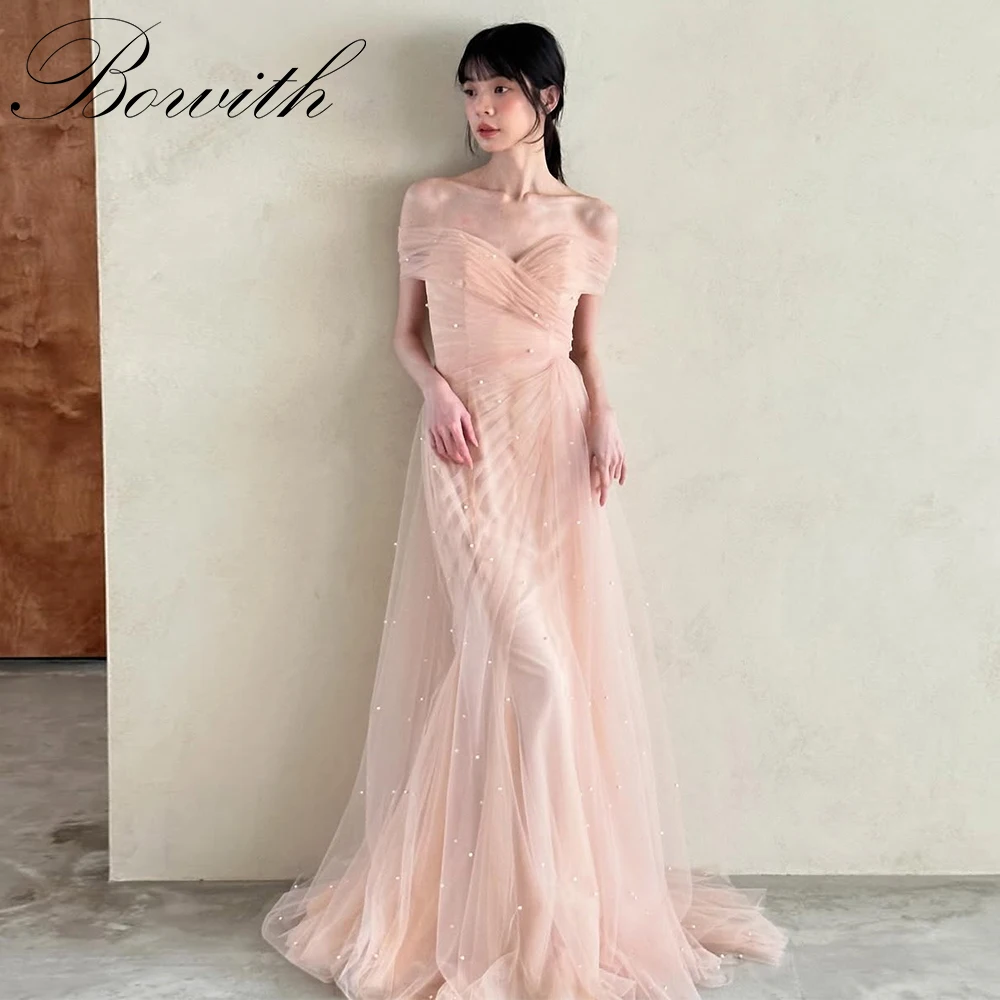 

Bowith Korean Evening Party Dresses Off the Shoulder Pink Prom Dresses Customized Prarls Tulle Wedding Snap Dress Reception